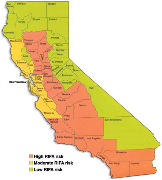 Red imported fire ant (RIFA) colonization risk in California. Source: California Department of Food and Agriculture.