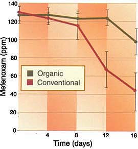 Degradation of mefenoxam in four organic and four conventional field soils spiked with the fungicide. Mefenoxam concentration (ppm) was determined by gas chromatography. Bars represent standard errors. After 8 days, the concentration of mefenoxam in soils from conventional fields was significantly lower than that in organic soils.