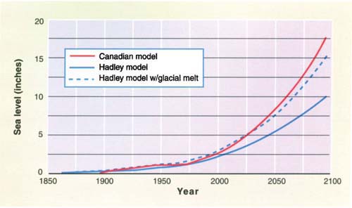 Projections of sea level rise using the Canadian Climate Center and British Meteorological Office's Hadley global climate models. Solid lines represent changes directly due to increased ocean temperatures; dashed lines add influence of partial melting of Greenland. Estimates to about 2000 are in general agreement with observations. Source: NAST 2000, p. 112.