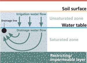 Irrigation water flows vertically from the soil surface through the unsaturated zone and then moves horizontally through the saturated zone toward the drainage line.