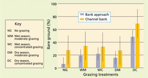 Comparison of effects of fall treatment on bare ground (%) for bank approach and channel bank. Bars indicate 95% confidence level.