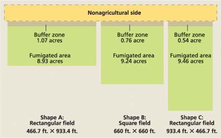 Hypothetical acreage loss for a 10-acre field due to 50-foot buffer.
