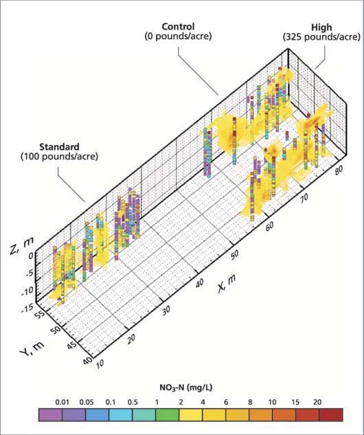 Measured core nitrate-nitrogen data (squares) and three-dimensional, kriged (yellow) contours of nitrate-nitrogen data. The kriged isosurfaces (only for NO3-N > 1 mg/L) are obtained from geostatistical analyses of the water content and nitrate measurements at the sampling locations. The standard subplot yielded the largest areas of negligible nitrate concentrations (NO3-N < 1 mg/L) among the three subplots. High concentrations are seen in the upper profile and near the water table.