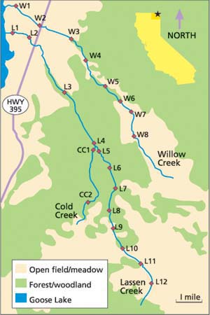 Stream-temperature monitoring locations on Lassen, Willow and Cold creeks in northeastern Modoc County, Calif.