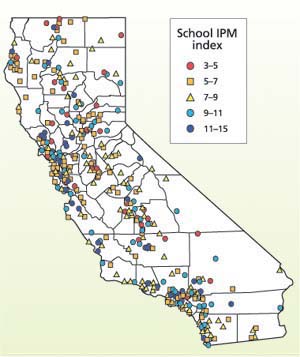 IPM index scores of California school districts; higher scores indicate greater use of IPM-compatible practices for weeds and ants. IPM index calculation source: Geiger and Tootelian (2002).