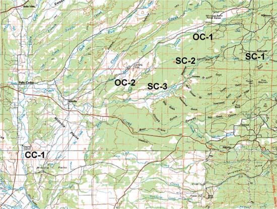 Sampling sites on Old Cow Creek (OC-1, OC-2), South Cow Creek (SC-1, SC-2, SC-3) and the mainstem of Cow Creek (CC-1).