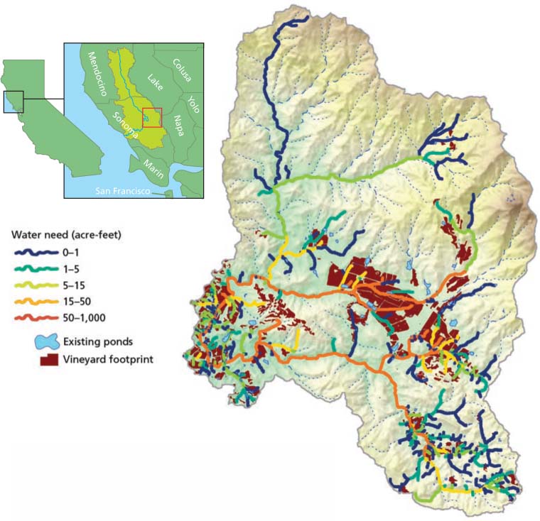 Estimated cumulative need for water from upstream vineyards and rural residential development in the Maacama and Franz watersheds (tributaries to the Russian River, map inset), plotted along the stream network.