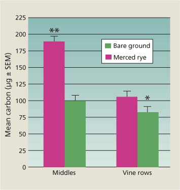 Cover-crop effects on microbial biomass (ug C/g dry soil ± standard error of the mean) in middles and vine rows at 1-foot deep. In paired t-tests, differences between treatments in middles and vine rows adjacent to rye cover cropped or bare middles were significant (∗ = P < 0.05; ∗∗ = P < 0.0001).