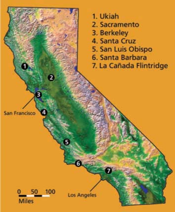 Ornamental plant and bee survey sites in California.