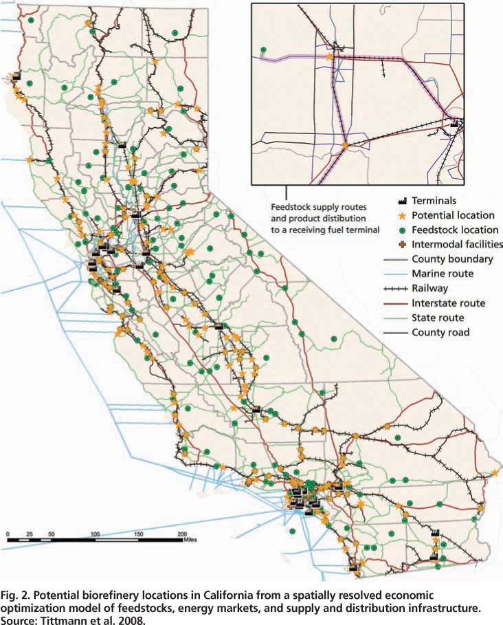 Potential biorefinery locations in California from a spatially resolved economic optimization model of feedstocks, energy markets, and supply and distribution infrastructure. Source: Tittmann et al. 2008.