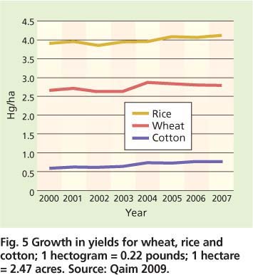 Growth in yields for wheat, rice and cotton; 1 hectogram = 0.22 pounds; 1 hectare = 2.47 acres. Source: Qaim 2009.