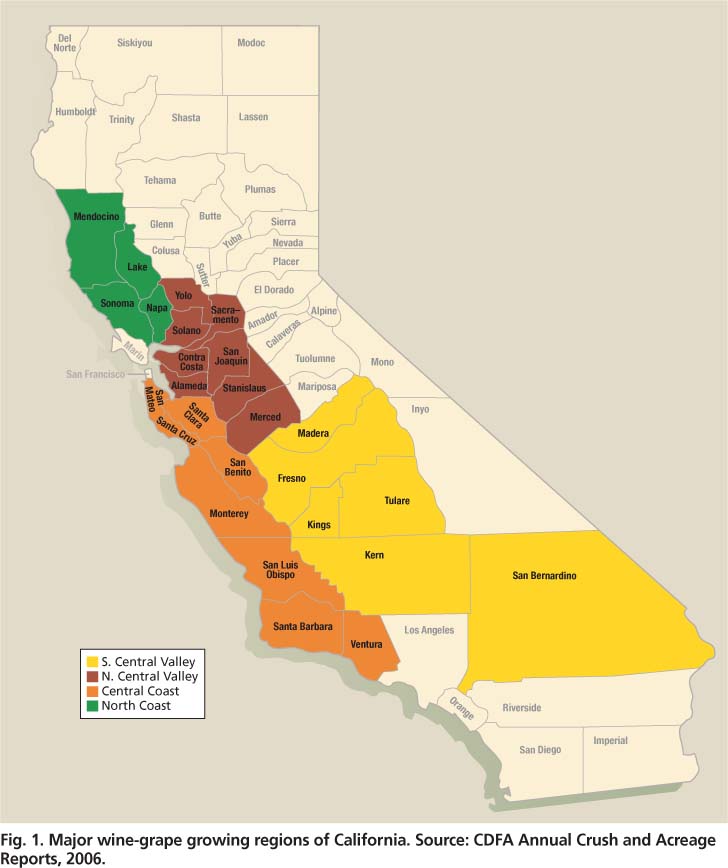Major wine-grape growing regions of California. Source: CDFA Annual Crush and Acreage Reports, 2006.