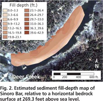 Estimated sediment fill-depth map of Sinoro Bar, relative to a horizontal bedrock surface at 269.3 feet above sea level.