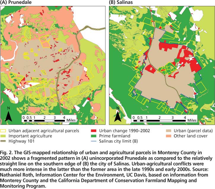 The GIS-mapped relationship of urban and agricultural parcels in Monterey County in 2002 shows a fragmented pattern in (A) unincorporated Prunedale as compared to the relatively straight line on the southern edge of (B) the city of Salinas. Urban-agricultural conflicts were much more intense in the latter than the former area in the late 1990s and early 2000s.Source: Nathaniel Roth, Information Center for the Environment, UC Davis, based on information from Monterey County and the California Department of Conservation Farmland Mapping and Monitoring Program.