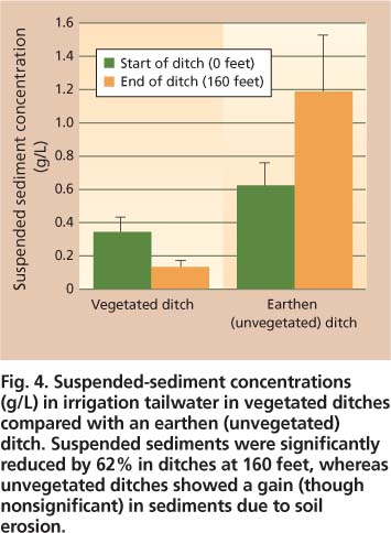 Suspended-sediment concentrations (g/L) in irrigation tailwater in vegetated ditches compared with an earthen (unvegetated) ditch. Suspended sediments were significantly reduced by 62% in ditches at 160 feet, whereas unvegetated ditches showed a gain (though nonsignificant) in sediments due to soil erosion.