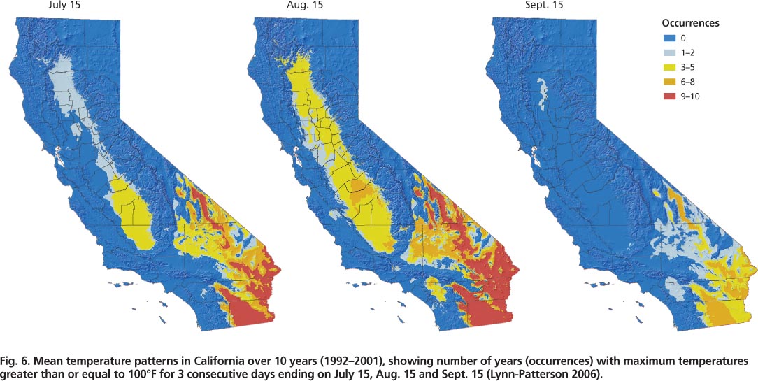 Mean temperature patterns in California over 10 years (1992–2001), showing number of years (occurrences) with maximum temperatures greater than or equal to 100°F for 3 consecutive days ending on July 15, Aug. 15 and Sept. 15 (Lynn-Patterson 2006).