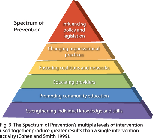 The Spectrum of Prevention's multiple levels of intervention used together produce greater results than a single intervention activity (Cohen and Smith 1999).