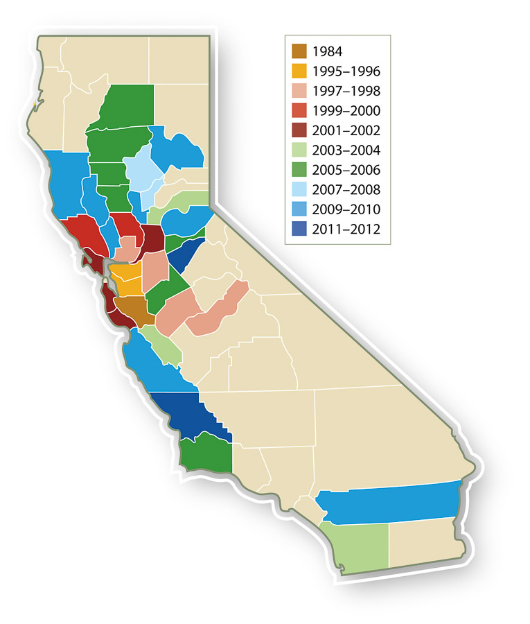 Chronological spread of stinkwort in California counties from 1984 to 2012.