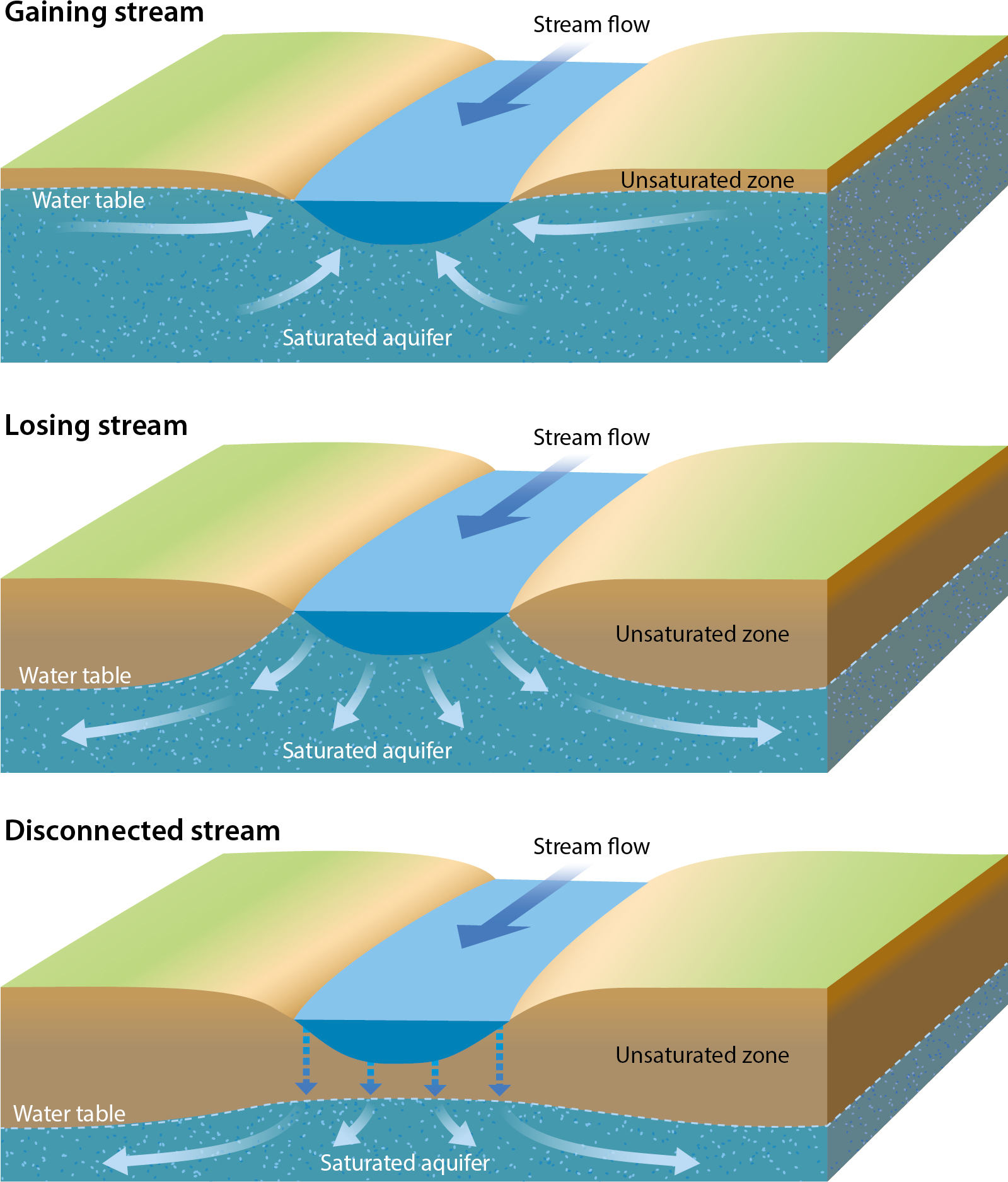 Groundwater–surface water interactions. Source: California Department of Water Resources, Water Budget Best Management Practice, December 2016.
