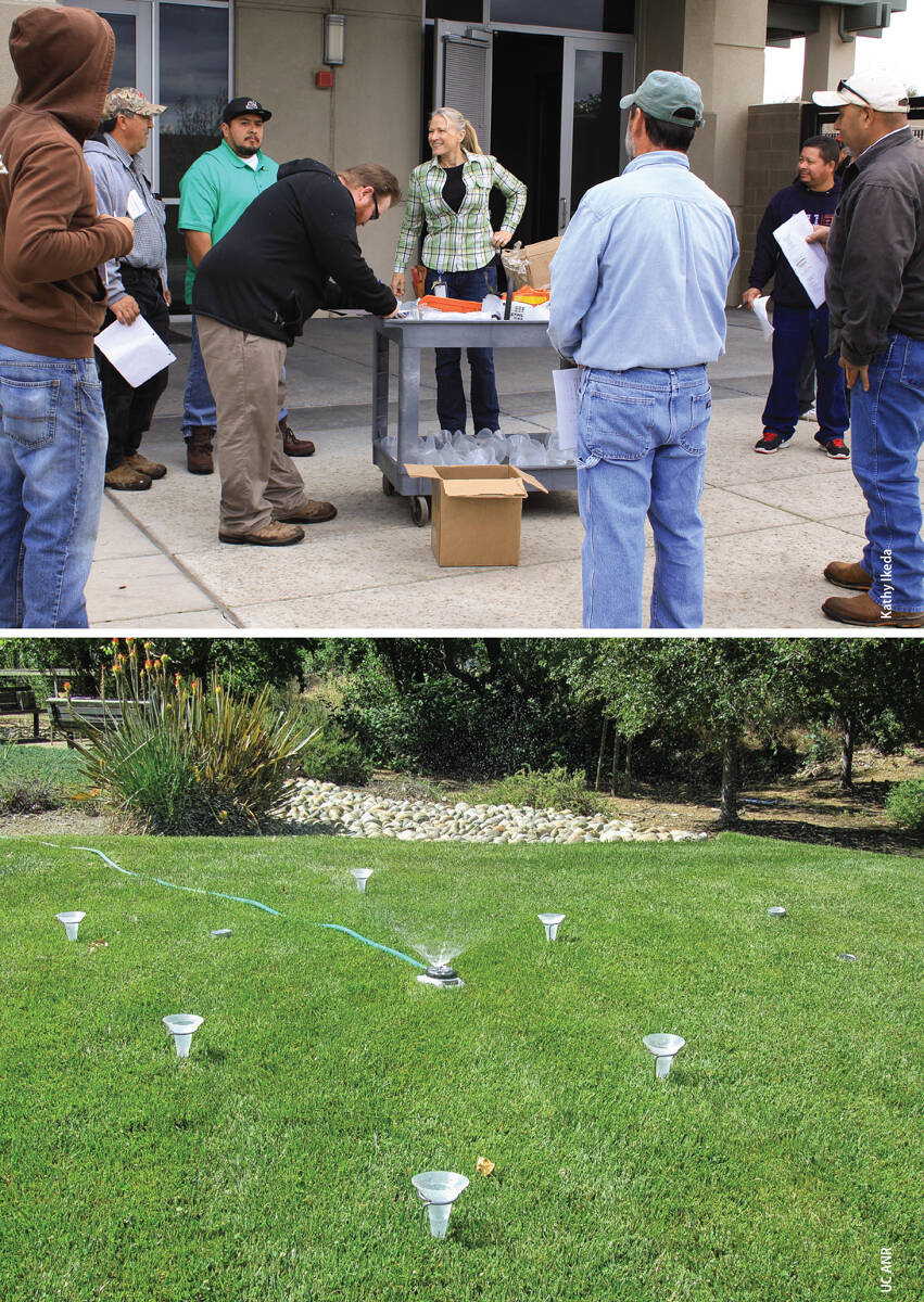 Top, UCCE advisor Karrie Reid (center) with Green Gardener training participants in San Joaquin County. Bottom, a catchment can test measures irrigation system precipitation rate and distribution uniformity. Performing regular irrigation audits is a best practice recommended by UC researchers involved in water conservation research and extension.