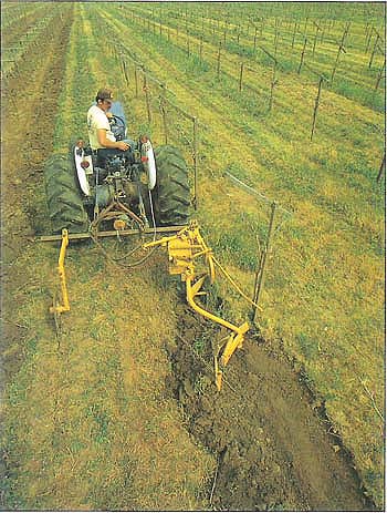 A French plow or row plow helps control weeds and omnivorous leafrollers in vineyards without damaging vines or stakes. When the plow's trip lever contacts a stake or vine trunk, the plow blade moves back to pass around the obstruction.