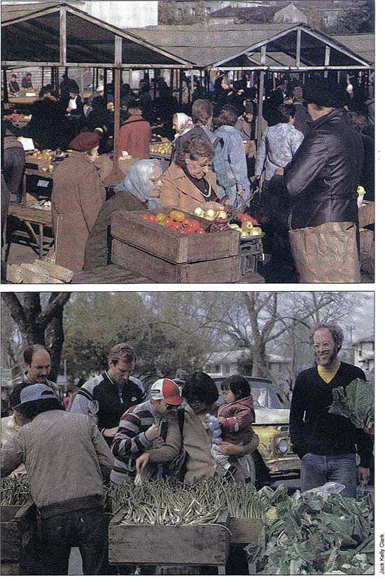 Shoppers at the Central Market (Kesk turg) in Tallinn, Estonia (right), and at the Davis Farmers' Market in Davis, California (below right), can buy a variety of produce direct from local growers.