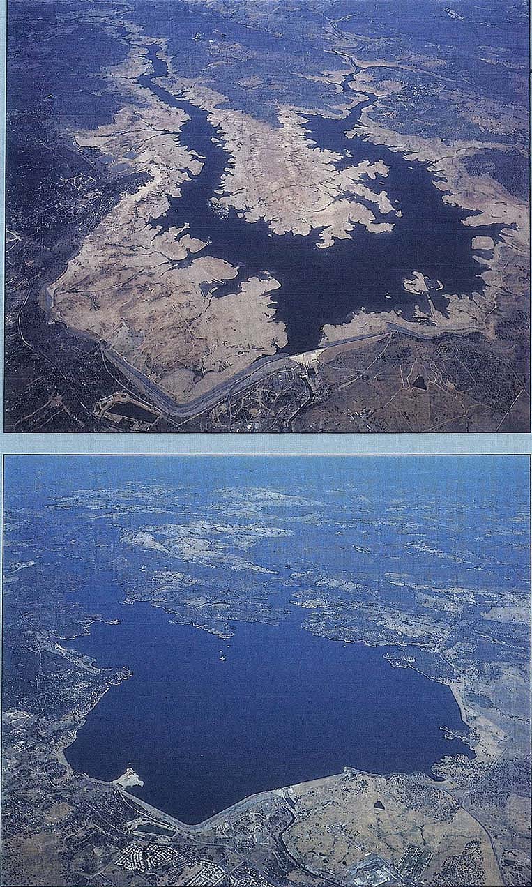 Contrasting photographs of Folsom Dam near Sacramento show water levels at the height of the 1976-1977 drought (above), and after the 1978 rains (below). Photographs were taken in September 1977 and June 1978.