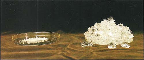 Dry polymer crystals on the left contrasted with same crystals after 130 ml of water have been added.