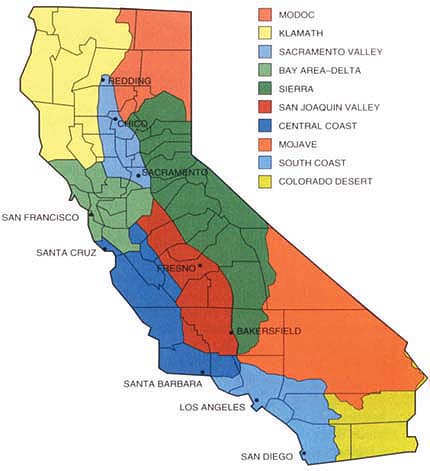 California has at least 10 ecosystem-based bioregions, shown above. The boundaries between bioregions seldom coincide with legal and administrative boundaries of local agencies. (Map courtesy of the California Biodiversity Council)