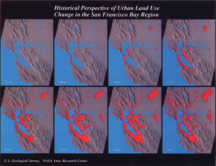 Historical perspective of urban land use change in the San Francisco Bay region. Red areas are “built up” or urbanized regions based on data from historic maps (years 1850 through 1962) and satellite images. Maps are computer generated.