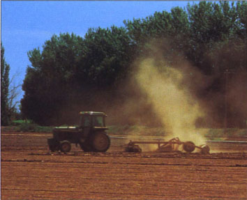 Land planing at noon on April 20, 1994, for the furrow-irrigated land preparation. Over the two growing seasons, a large number of dust samples were collected from each operation under a variety of soil conditions.