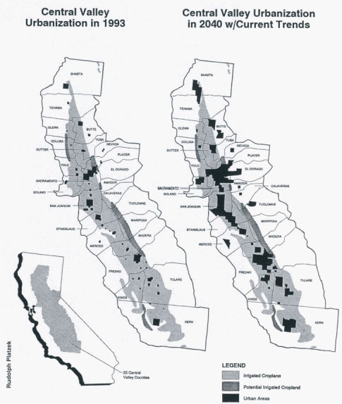 Projected urban expansion on irrigated cropland in the Central Valley.Retired urban and environmental planner Rudolph Platzek has estimated that, if current growth rates continue, the Valley's population will nearly triple between 1993 and 2040, rising to about 15 million. Sources: Irrigated cropland information from California Department of Water Resources Bulletin 160-83. Urban expansion areas from Alternative Futures for California's Central Valley, Bob Grunwald, September 1993.