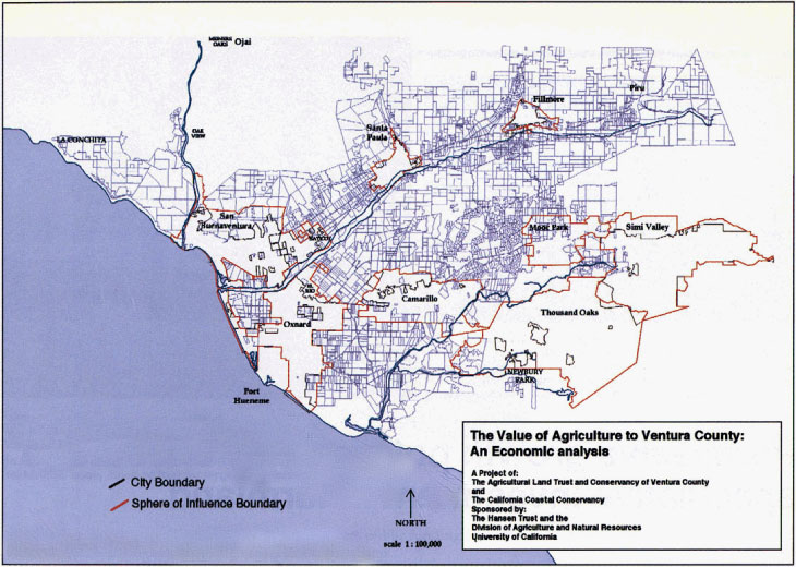 The study area included most of the south portion of Ventura County. Note the differences between the existing city boundaries (brown lines) and the spheres of influence (SOI) boundaries (red lines).
