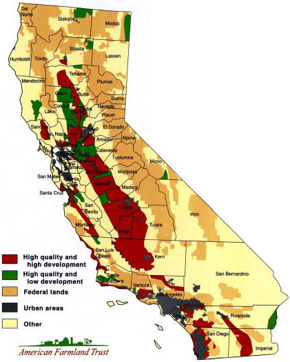 This map highlights geographic areas using two threshold tests that define the importance and vulnerability of the land:High quality farmland is that which in 1992 had relatively large amounts of prime farmland or specialty crop land.High development areas are those that experienced relatively rapid development between 1982 and 1992.Other areas are those that do not meet the two threshold tests, and that are neither federal lands nor urban areas.