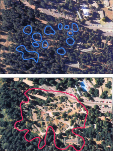 Aerial photos of Yosemite Lodge area in 1975 (upper), 1997 (lower). Area in which root disease was detected is outlined. Note the significant reduction in trees due to root disease and hazardous-tree removal.