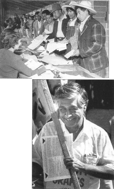 Top, During the mid-1940s, prospective braceros lined up for farm work in the United States at a Mexico City soccer stadium. Below, Cesar Chavez, who died in 1993, was a powerful advocate for the rights of farmworkers.