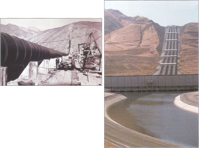 During the last century, California transformed itself into a hydraulic society, moving water great distances for irrigation and urban development. Above left, In 1913 the Los Angeles/Owens River Aqueduct was completed to siphon water for Southern California's burgeoning population. Above, The California Aqueduct transports water in the San Joaquin Valley.