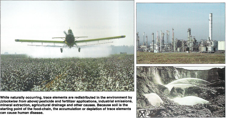 While naturally occurring, trace elements are redistributed in the environment by (clockwise from above) pesticide and fertilizer applications, industrial emissions, mineral extraction, agricultural drainage and other causes. Because soil is the starting point of the food-chain, the accumulation or depietion of trace elements can cause human disease.