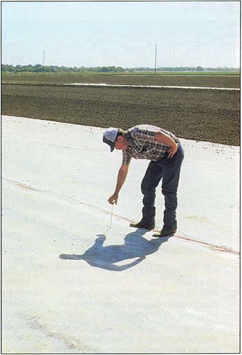 A Patterson turf grower checks soil temperature during solarization.