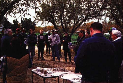 Participants in the Biologically Integrated Orchard Systems (BIOS) program attend field days, such as this one in Hopeton, to learn how to avoid the use of broad-spectrum insecticides. In a 3-year study, the authors compared the effectiveness of pest management techniques, and the levels of pests and their parasitoids, in BIOS and conventional almond orchards.