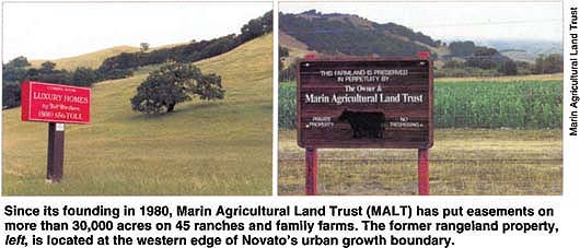 Since its founding in 1980, Marin Agricultural Land Trust (MALT) has put easements on more than 30,000 acres on 45 ranches and family farms. The former rangeland property, left, is located at the western edge of Novato's urban growth boundary.