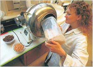 A $25 million gift from Robert and Margrit Mondavi will allow UC Davis to build a new facility combining viticulture, enology, and food science and technology. Graduate student Fiona Hutchinson pours peanuts into a machine that coats them with an edible covering made from whey proteins, a byproduct of cheese processing. The coating prolongs freshness while utilizing a dairy byproduct that has long been a waste disposal headache for cheese processors.