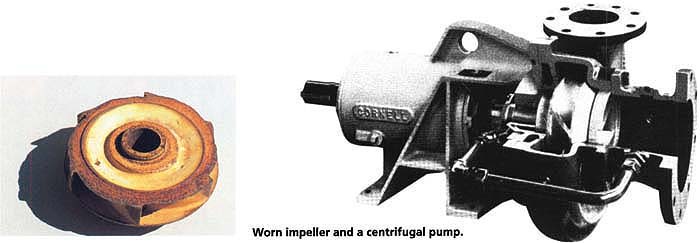 Worn impeller and a centrifugal pump.