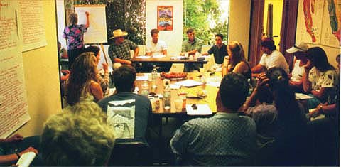 Steve Quirt In Marin County, UC Cooperative Extension convened the Natural and Organic Livestock Work Group to help local ranchers explore opportunities for marketing grass-fed meats. Addressing the group, left to right, are: Travis Potter, Prather Ranch; Dave Evans, Marin Sun Farms; Mike Gale, Chileno Valley Natural Beef; and Erik Parks, Marin Sun Farms.