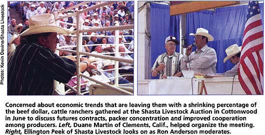 Concerned about economic trends that are leaving them with a shrinking percentage of the beef dollar, cattle ranchers gathered at the Shasta Livestock Auction in Cottonwood in June to discuss futures contracts, packer concentration and improved cooperation among producers. Left, Duane Martin of Clements, Calif., helped organize the meeting. Right, Ellington Peek of Shasta Livestock looks on as Ron Anderson moderates.