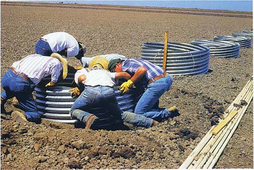 UC scientists install the rings into a grower's field to the depth of the plow pan, about 4 to 6 inches. Rice was then sown and cultivated in the fields as usual by growers, while researchers flooded the rings with water at various salinity levels.