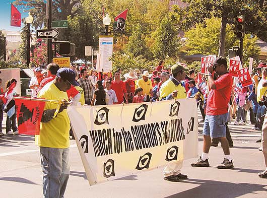 In August 2002, labor unions rallied for the first reforms to the state's Agricultural Labor Relations Act since 1975. To encourage Governor Davis to sign the law, the United Farmworkers retraced the route of a historic 1966 march led by Cesar Chavez along Highway 99 from Merced to Sacramento.