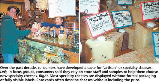 Over the past decade, consumers have developed a taste for “artisan” or specialty cheeses. Left, In focus groups, consumers said they rely on store staff and samples to help them choose new specialty cheeses. Right, Most specialty cheeses are displayed without formal packaging or fully visible labels. Case cards often describe cheeses without including the price.