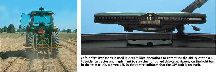 Left, a fertilizer shank is used in deep tillage operations to determine the ability of the autoguidance tractor and implement to stay clear of buried drip-tape. Above, on the light bar in the tractor cab, a green LED in the center indicates that the GPS unit is on track.