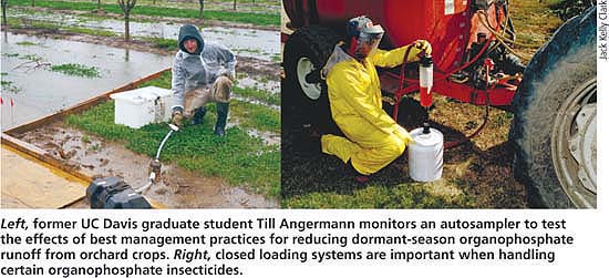 Left, former UC Davis graduate student Till Angermann monitors an autosampler to test the effects of best management practices for reducing dormant-season organophosphate runoff from orchard crops. Right, closed loading systems are important when handling certain organophosphate insecticides.